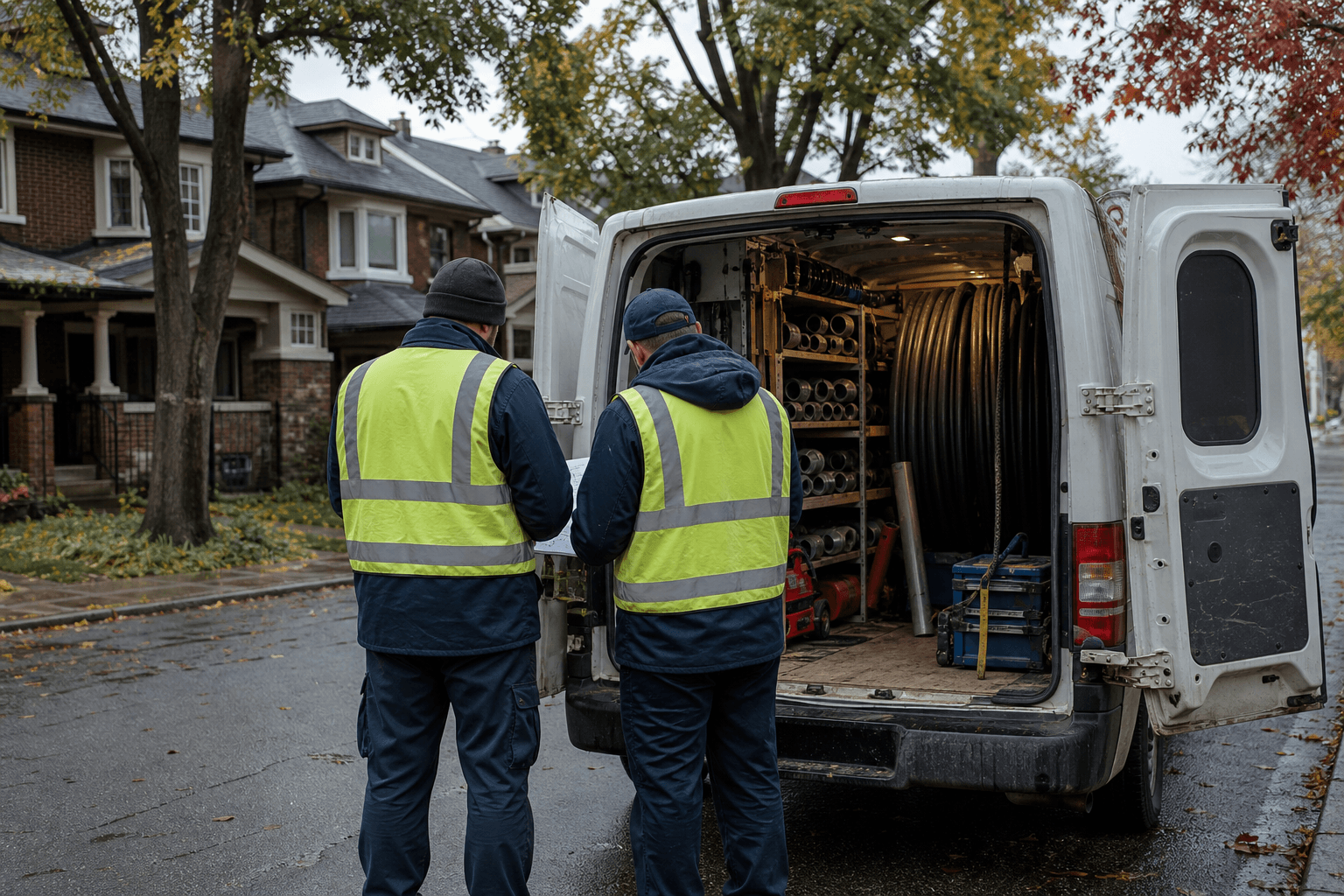 Toronto Water Line Replacement crew preparing trenchless pipe bursting equipment